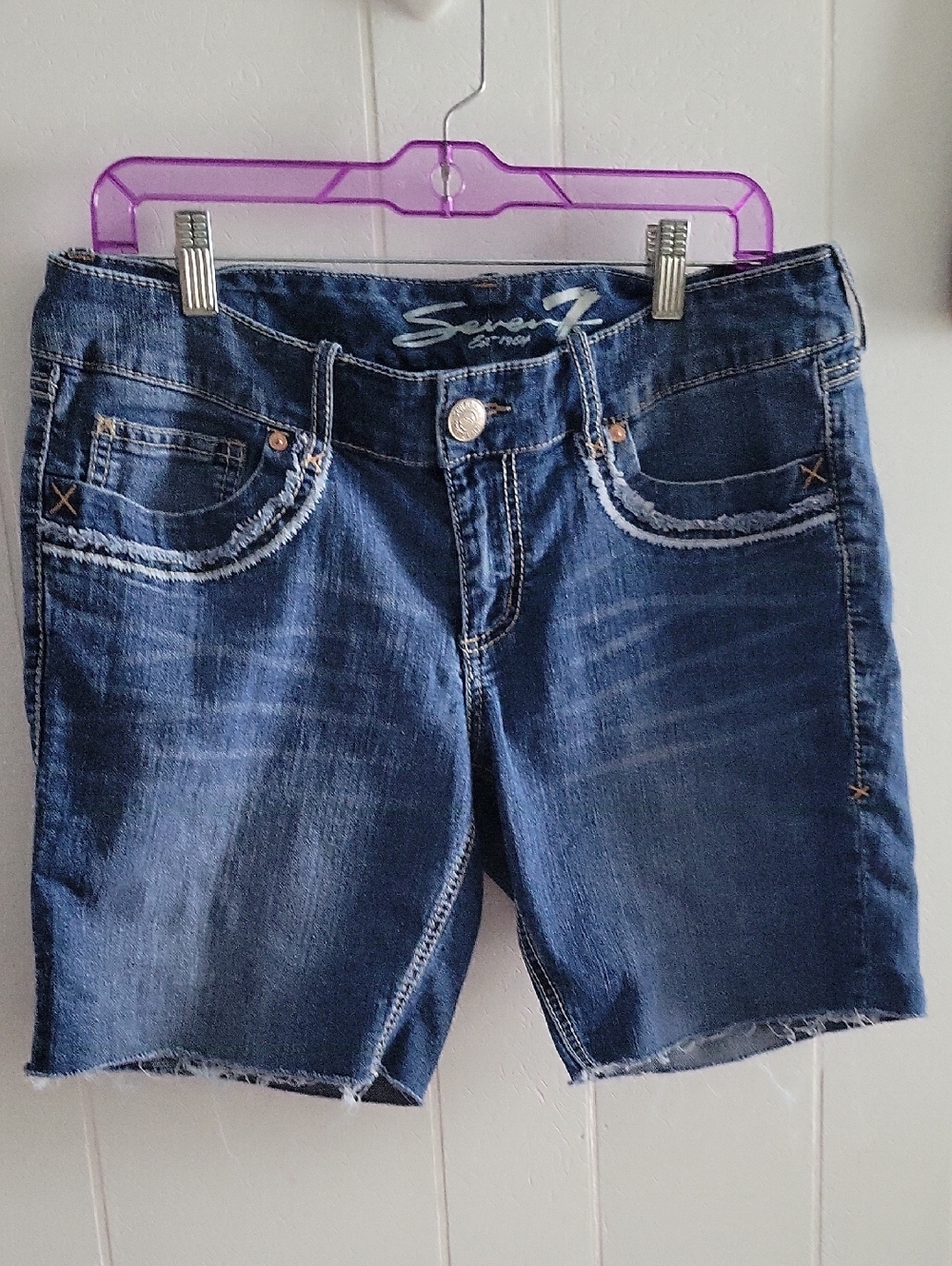 Seven7 Dark Blue Frayed Hem Denim Shorts